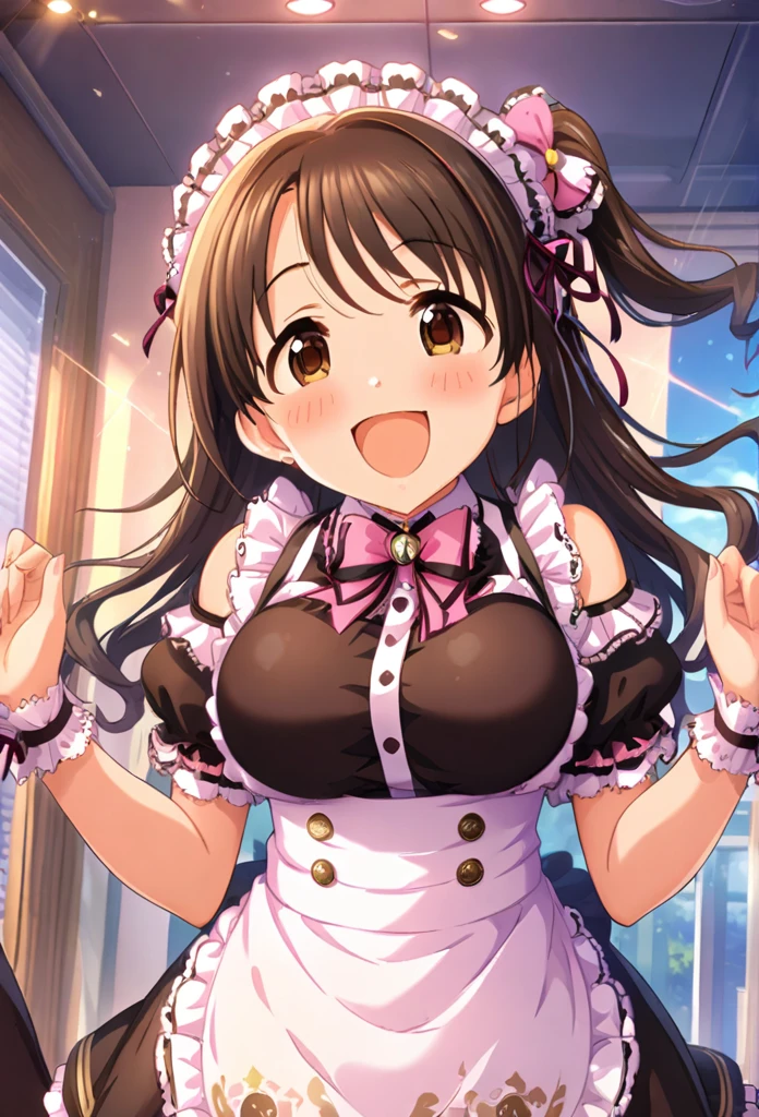 uzuki shimamura, (highest quality, 8k, masterpiece, Very detailed:1.2), (Lens flare, Particles of light, Shine), Big Breasts, smile, Open your mouth, masterpiece, highest quality, Very detailed, High resolution, Very detailedなCG, (Official Art), Off the shoulder, Maid, (Embarrassing:1.1), (blush:1.2), Open your mouth, (shout:1.1), (Moving lines:1.1),  blue sky, Cowboy Shot