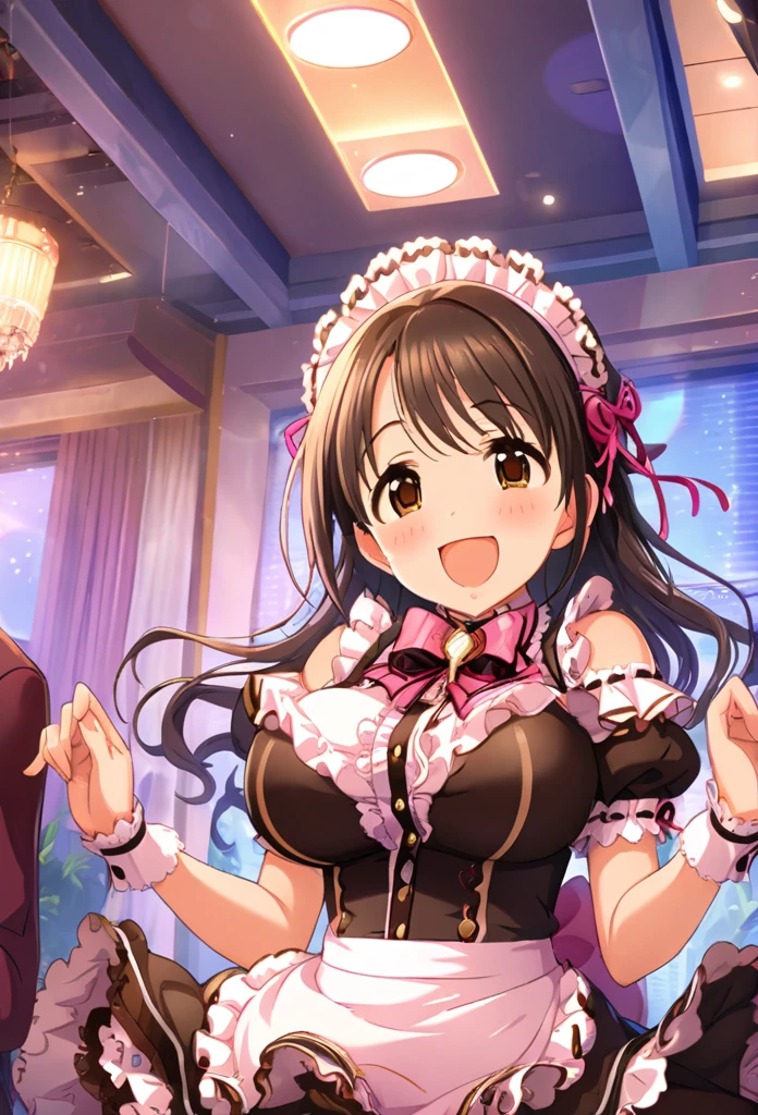 uzuki shimamura, (highest quality, 8k, masterpiece, Very detailed:1.2), (Lens flare, Particles of light, Shine), Big Breasts, smile, Open your mouth, masterpiece, highest quality, Very detailed, High resolution, Very detailedなCG, (Official Art), Off the shoulder, Maid, (Embarrassing:1.1), (blush:1.2), Open your mouth, (shout:1.1), (Moving lines:1.1),  blue sky, Cowboy Shot