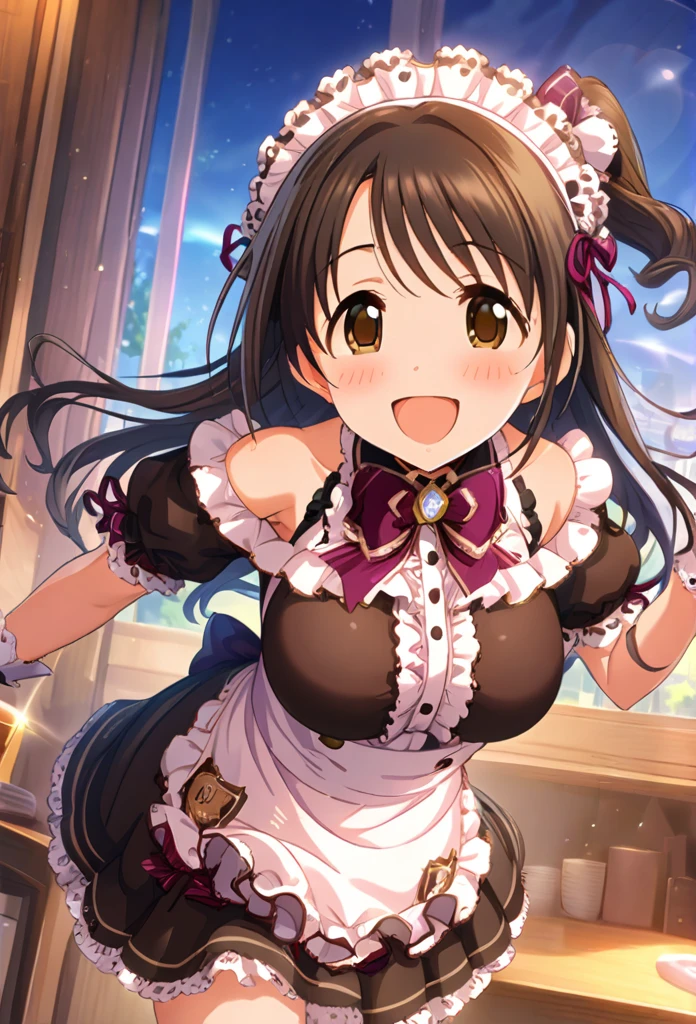 uzuki shimamura, (highest quality, 8k, masterpiece, Very detailed:1.2), (Lens flare, Particles of light, Shine), Big Breasts, smile, Open your mouth, masterpiece, highest quality, Very detailed, High resolution, Very detailedなCG, (Official Art), Off the shoulder, Maid, (Embarrassing:1.1), (blush:1.2), Open your mouth, (shout:1.1), (Moving lines:1.1),  blue sky, Cowboy Shot