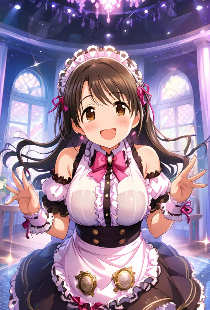 uzuki shimamura, (highest quality, 8k, masterpiece, Very detailed:1.2), (Lens flare, Particles of light, Shine), Big Breasts, smile, Open your mouth, masterpiece, highest quality, Very detailed, High resolution, Very detailedなCG, (Official Art), Off the shoulder, Maid, (Embarrassing:1.1), (blush:1.2), Open your mouth, (shout:1.1), (Moving lines:1.1),  blue sky, Cowboy Shot