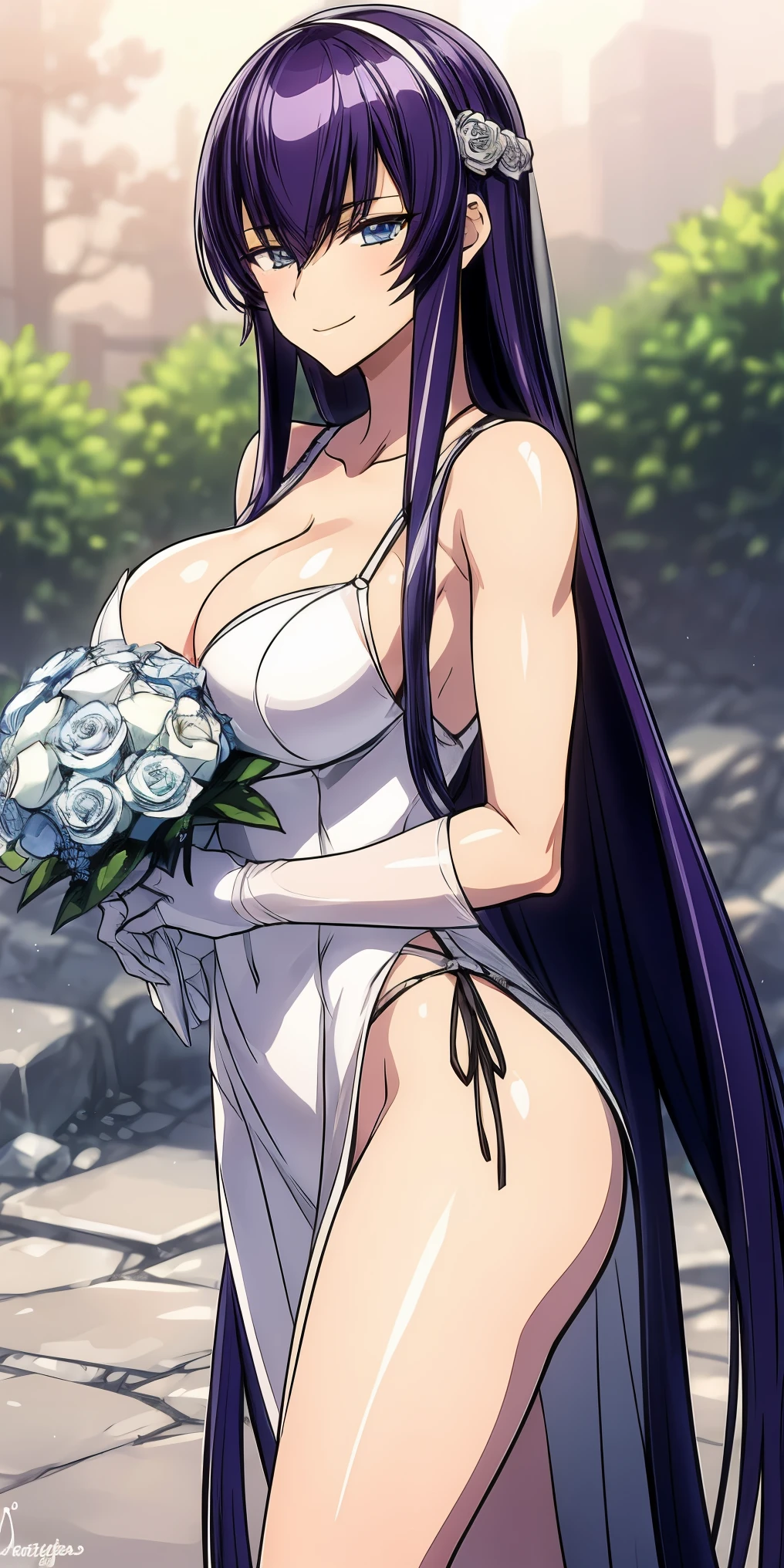 "(optimum,wedding gown,holding flower bouquet,one-girl,chies)tmasterpiece，high qulity，A high resolution，New World No. 1，Headphones around your neck，wedding gown，Bridal veil，whitegloves，Cowboy close-up，standing on your feet，ssmile"