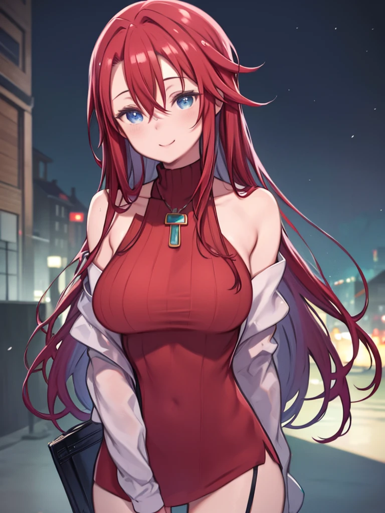 masterpiece、highest quality、High resolution、Very detailed、Medium wide shot、Mature Woman、smile、Big Breasts、((Red sweater))、Tube top、Bare top、Off the shoulder、Strapless、(aty, long hair, blue eyes, red hair、Hair between the eyes)、Fantasy、night、Hands Behind Back、