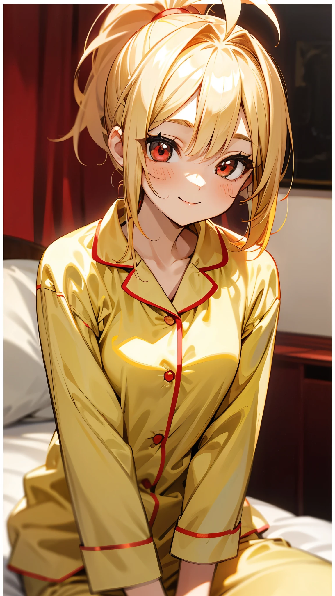18-year-old girl sitting on bed、alone、Anime style painting、Wearing pajamas、Blonde ponytail、Ahoge、Beautiful red eyes、smile、smile、The soft texture of pajamas、Upper body close-up、Red and yellow based colors、Background Blur、Depth of the drawn border
