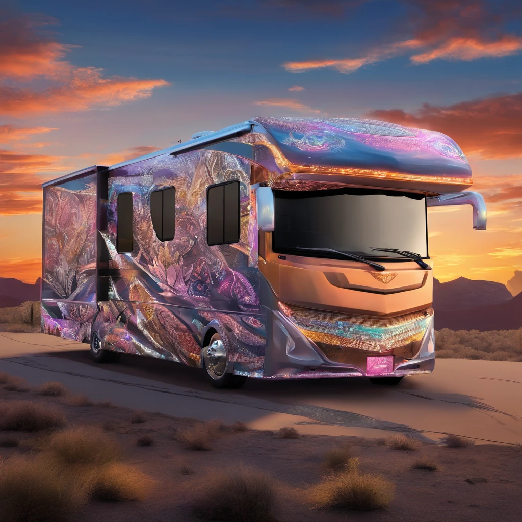 Etched Glowing Crystallized Diamonds bordereffect, firefox contoured flames, Full-length  Exterior View, Intricately designed 60ft $250,000 LUXURIOUS Motorhome, Masterpiece, bilineareffects, gradient glow diamond effect, the chrome grille featuring an illuminated "1-DC" logo adding a distinctive touch, a custom paint job with vibrant neon colors and wildlife imagery, such as wolves, bears, and eagles, the exterior showcases the sculpted animal figures and airbrushed mountain scenery, Full-length neon lighting system on the exterior highlighting the intricate wildlife designs, mandalaeffect, mosaictiles, posteredges, nightvision, **MAGNIFICENT**, Bevelborder, (ethereal fantasy concept art) . painterly, epic, majestic, magical, fantasy art, cover art, dreamy, best quality