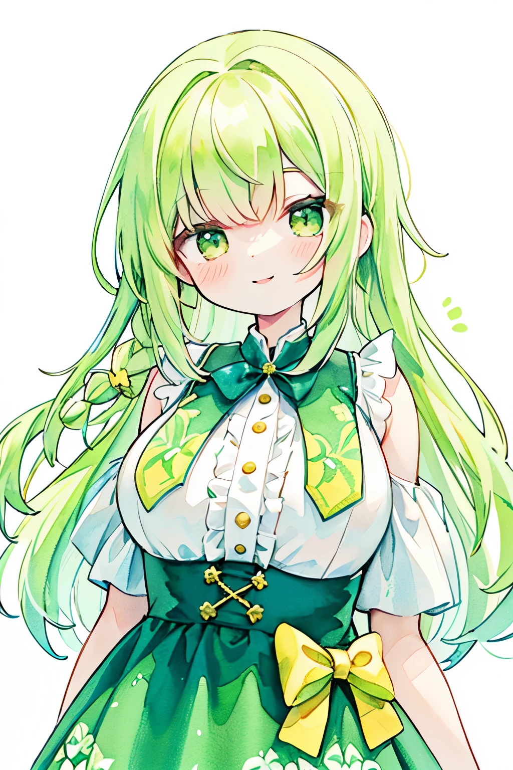 (top-quality、8K、32K、​masterpiece、nffsw:1.2)、((Photo of green-eyed woman with bright yellow hair with cute smile：1.3))、((Single braid：2))、(PastelColors:1.3)、(Cute illustration:1.3)、(watercolor paiting:1.1)、yellow theme、Lemon Fairy：1.3(ruffle dress、big ribbon decoration、large full breasts、inside 、Look around、A smile、whitebackground
