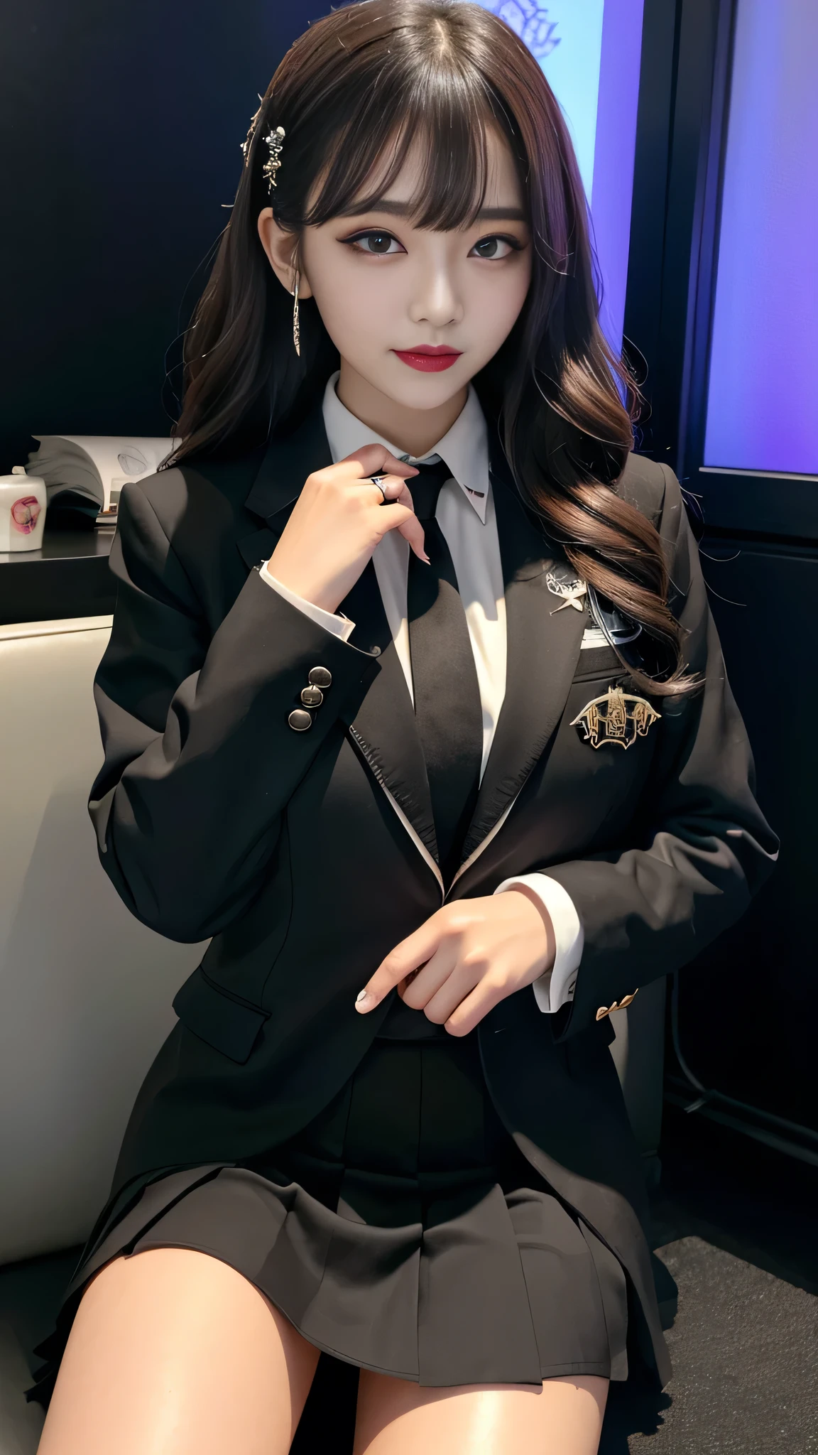 (1 Korean star with royal sister style), ((Best quality, 8K, 巨作: 1.3)), focal point: 1.2, Perfect body proportions: 1.4, (Make a smile), (raytraced),Watery eyes, highly detailed face and skin textures, Fine eyes, Double eyelids, Whitens the skin, (long haired, Air bangs: 1.3), (Round face: 1.5), (Suit uniform: 1.4), (Slump in a chair: 1.6),(black lence stockings: 1.4),(film grain style:1.3),a sense of atmosphere