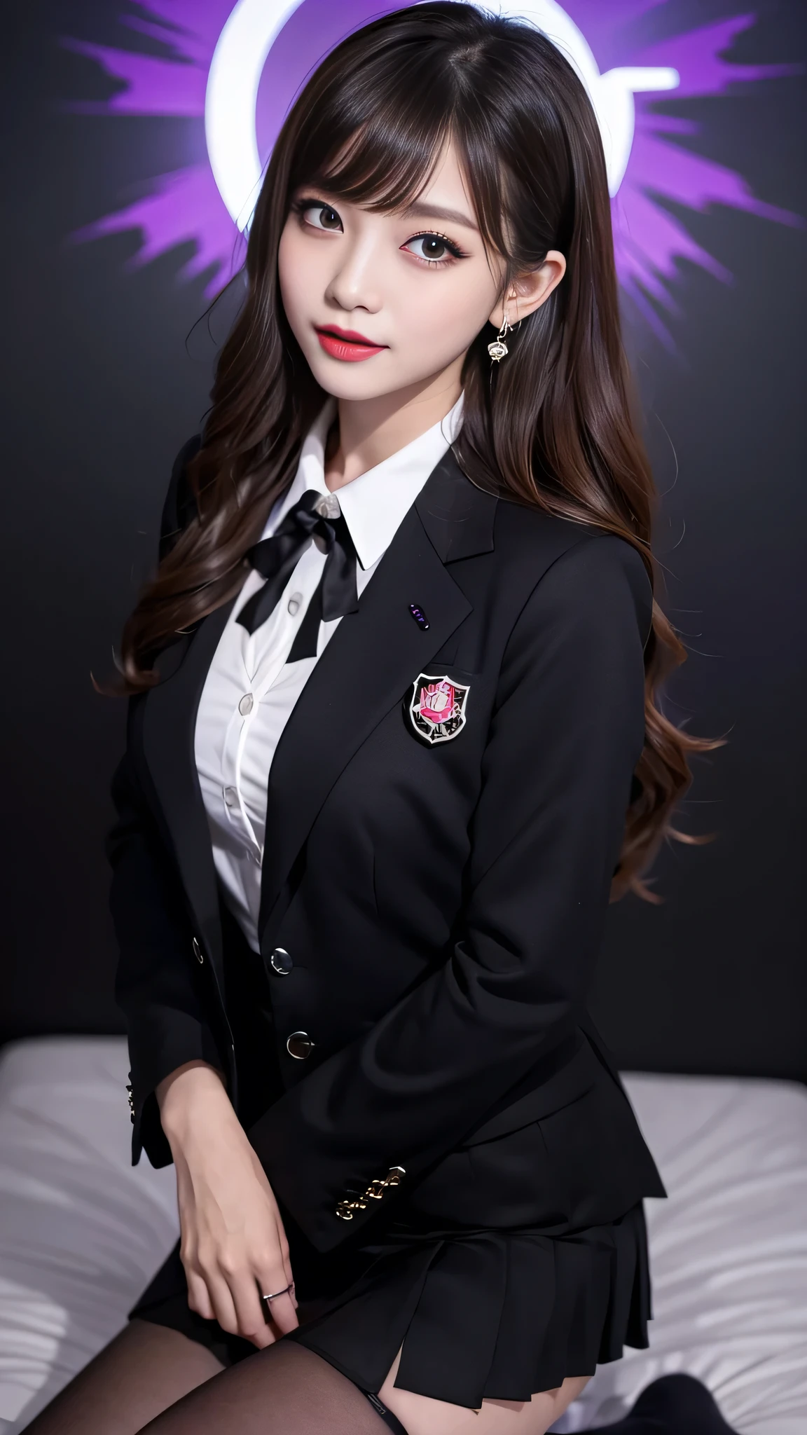 best quality、ultra-detailed、4k、Japanese、Seductive beauty、seductive adult woman、Pretty Woman、cool girl、Villainess、Brainwashed、brainwash、Fallen into evil、smirk、Evil look、Wicked Smile、evil、Brown hair、wavy hair、swept bangs、dark makeup、dark makeup、piercing eyes、hollow eyes,half-closed eyes、Hollow Eyes、purple Eyeshadow、black lipstick、black lipglos、office staff suit、suit、Jacket、Black sleeves、White Shirt、Black Ribbon、Tight Skirt、pantyhose、night、inside darkroom、Are standing、shoot from below、Have lipstick、Emblem of Evil、Crest of Darkness、Swear allegiance、I have pledged my allegiance、Dye black、Blackening、Stained with evil、Dyed in darkness、Seduce