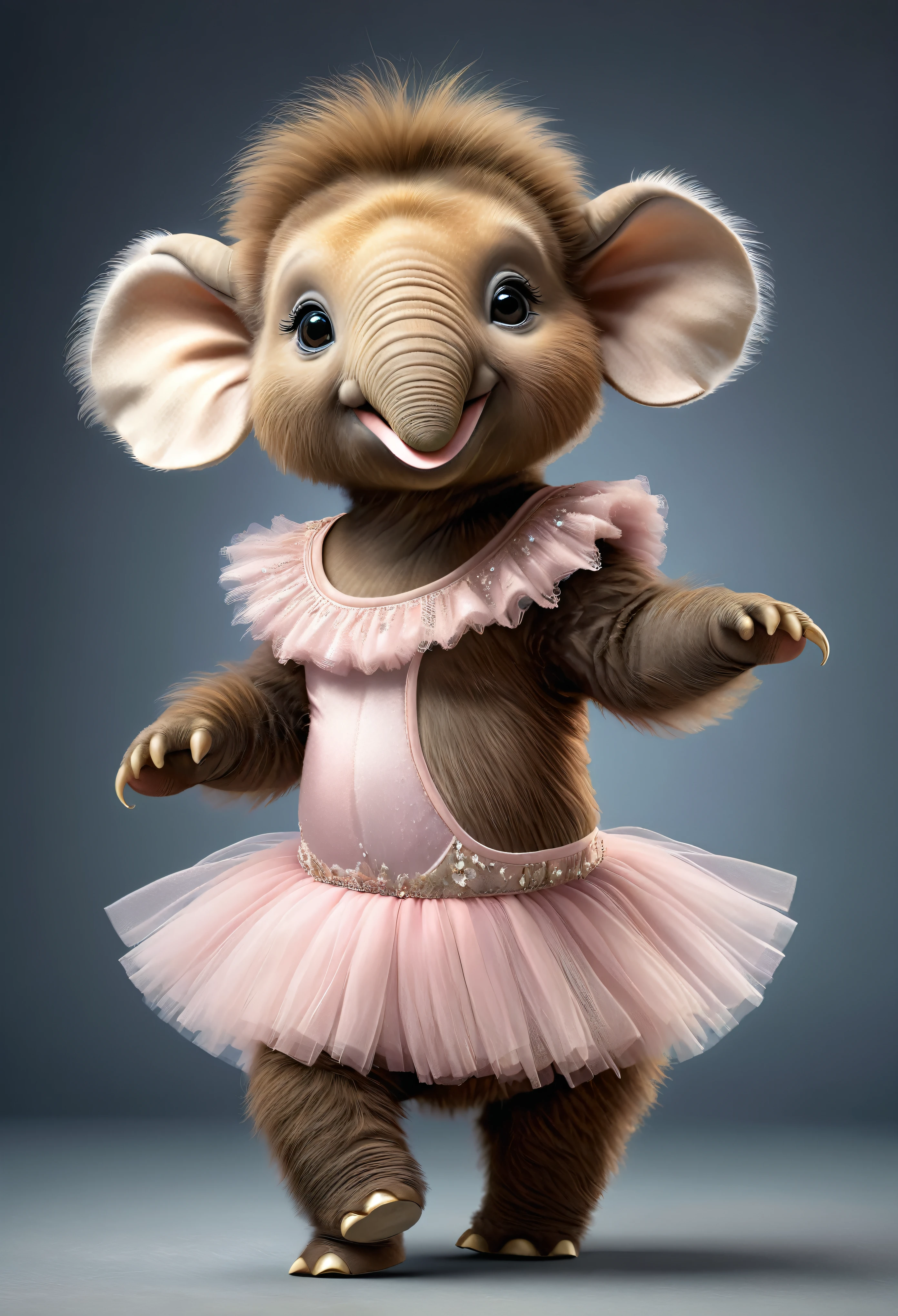photorealistic portrait of dressed animals - a baby mammoth ballet dancer,( Ballett Aktion posiert), fluffy body, good quality,(nice) ,komplizierte Details, sehr detailliert ((ballet costume)) ,sehr detailliert tutu, Spitzenschuhe, (Happy), Studiobeleuchtung,(Full body image:1.5)