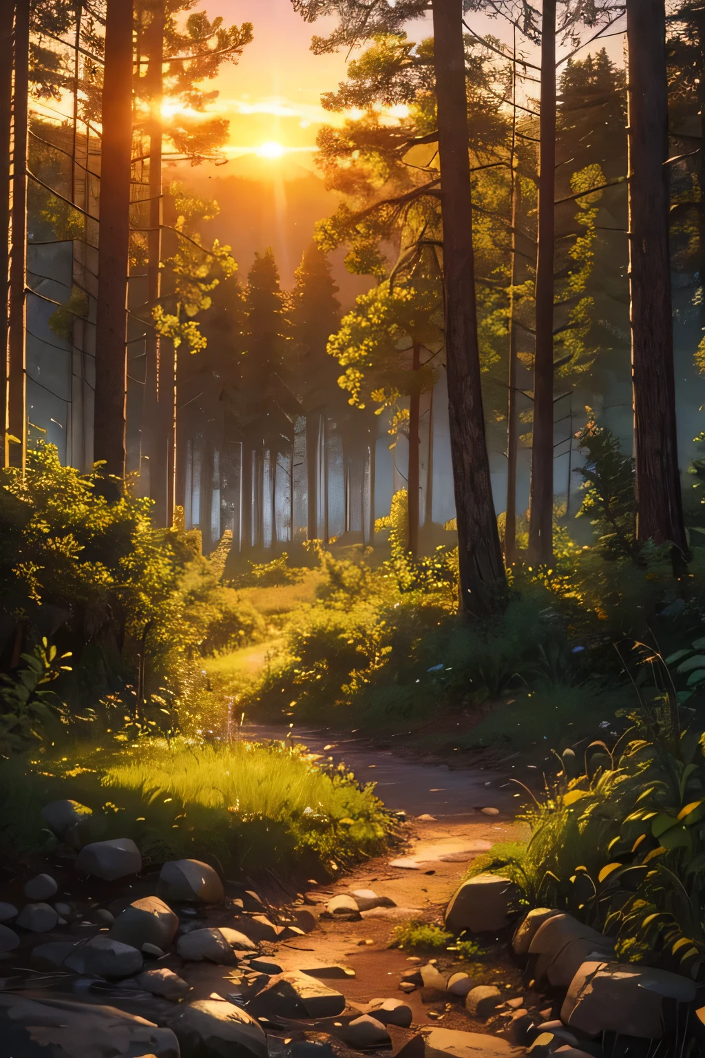 ((best quality)), ((artwork)), (detailed), soil, environment, carbon, forest, sunset, orange filter, various trees, nature, green