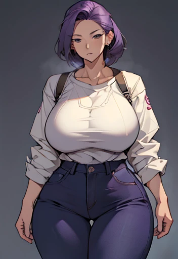 ((Human female 40 ager)), solo , purple hair , manga Style ,big wide hips , wearing Pants
