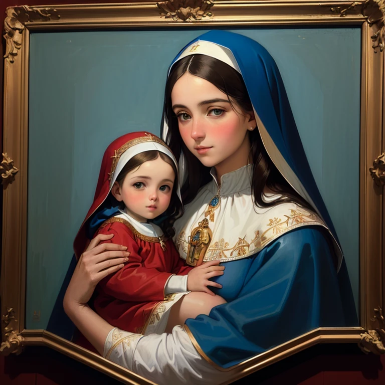 A close-up of a painting of a woman holding a baby, with jesus, Virgin Mary bright blue cloak and her dress is red,arte religioso catolico, portrait of Virgin Mary, por Johann Friedrich Overbeck, jayson tatum as madre mary, obra maestra de arte, pintura renacentista", por Joseph Raphael, roman catholic icon, common art, obra maestra italiana, madre sarah artist, madre, 4k maternal photography