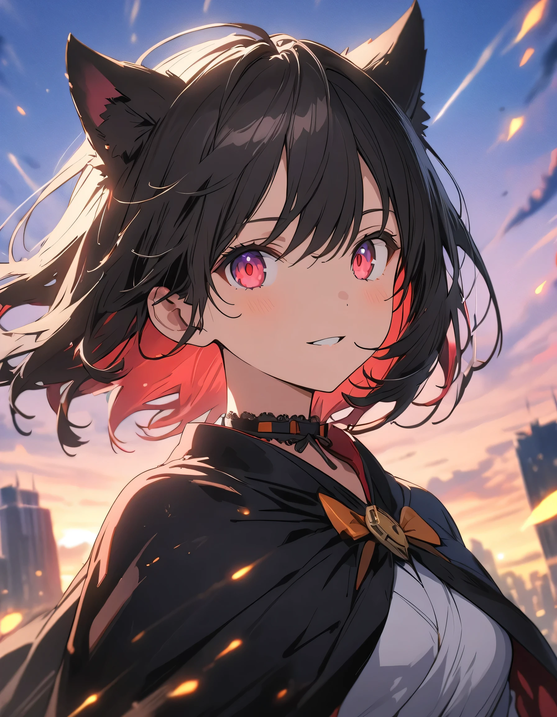 masterpiece, highest quality, Very detailed, figure, One girl, Long black hair, eyes bright red, Wolf Ears, Black Cape, Fluffy collar, sunset、(highest quality、masterpiece、High resolution、detailed)、anime style、Flat Style、(Shining Eyes、Beautiful Face),  BREAK、extremely detailed、High saturation,Dynamic Angle、anime