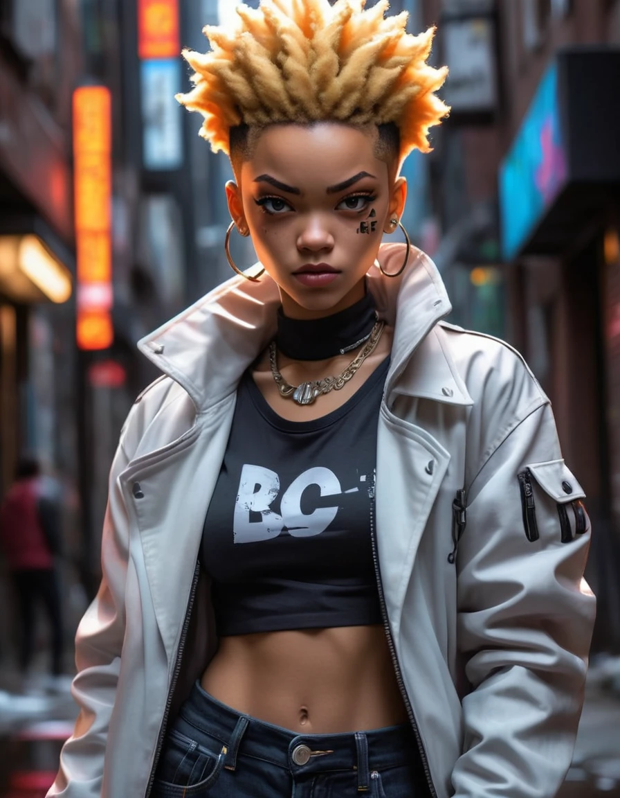 1girl, blond hair, cat_ears, animal_ears, solo, dark_skin, tan_skin, foggy neon futuristic, summer jacket, sakura falling, portrait style, looking_at_viewer, cinematic lighting, eyeliner, makeup, emotional, highly detailed, wide shot, sharp focus, ring light, rim lighting, octane render, ring light, rim lighting, nvinkpunk, samdoesarts