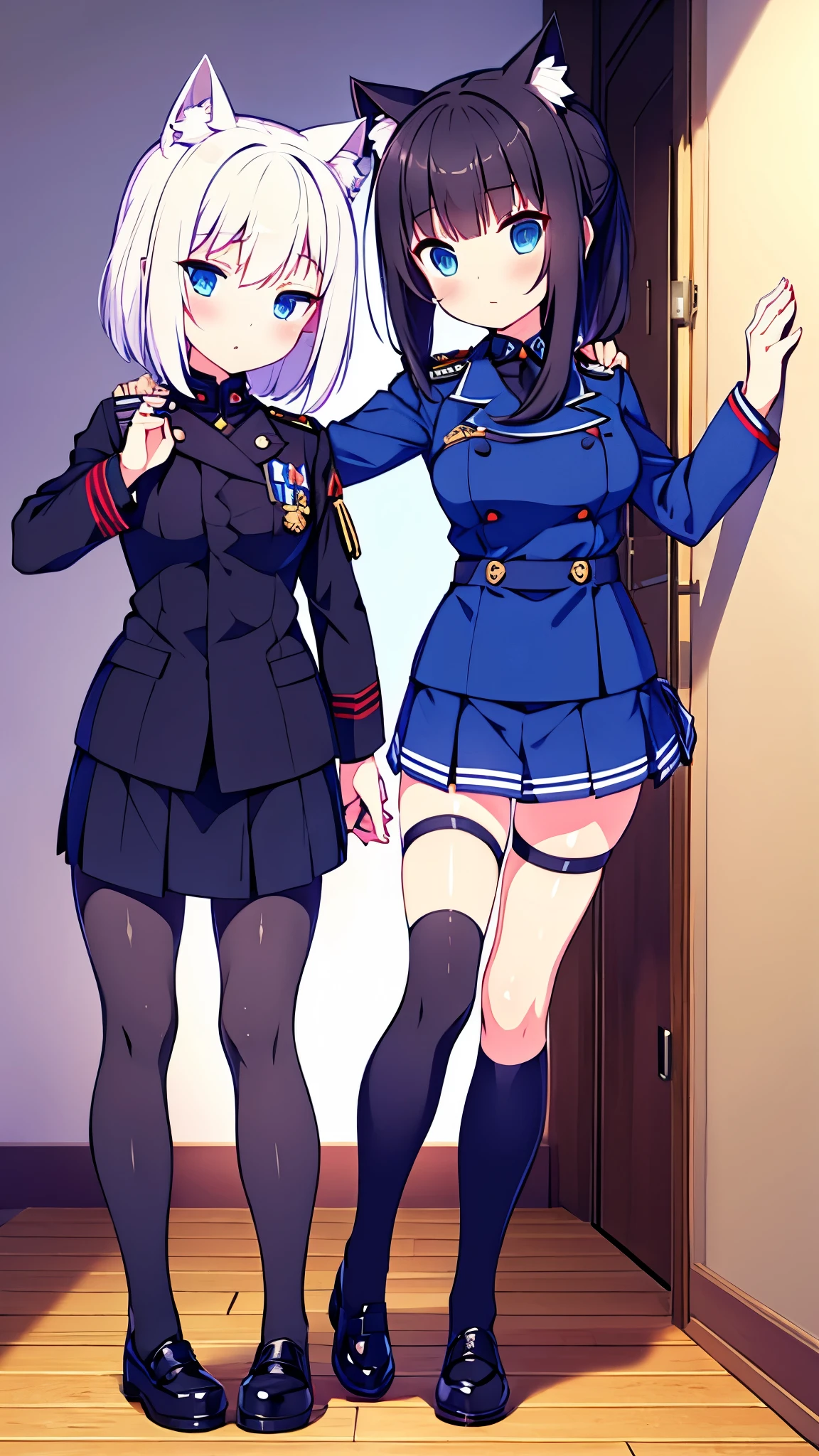 Vtuber blue eyes black hair cat ears in military tactical negro con azul  uniform short skirt black stockings com escopeta  en manos in room 