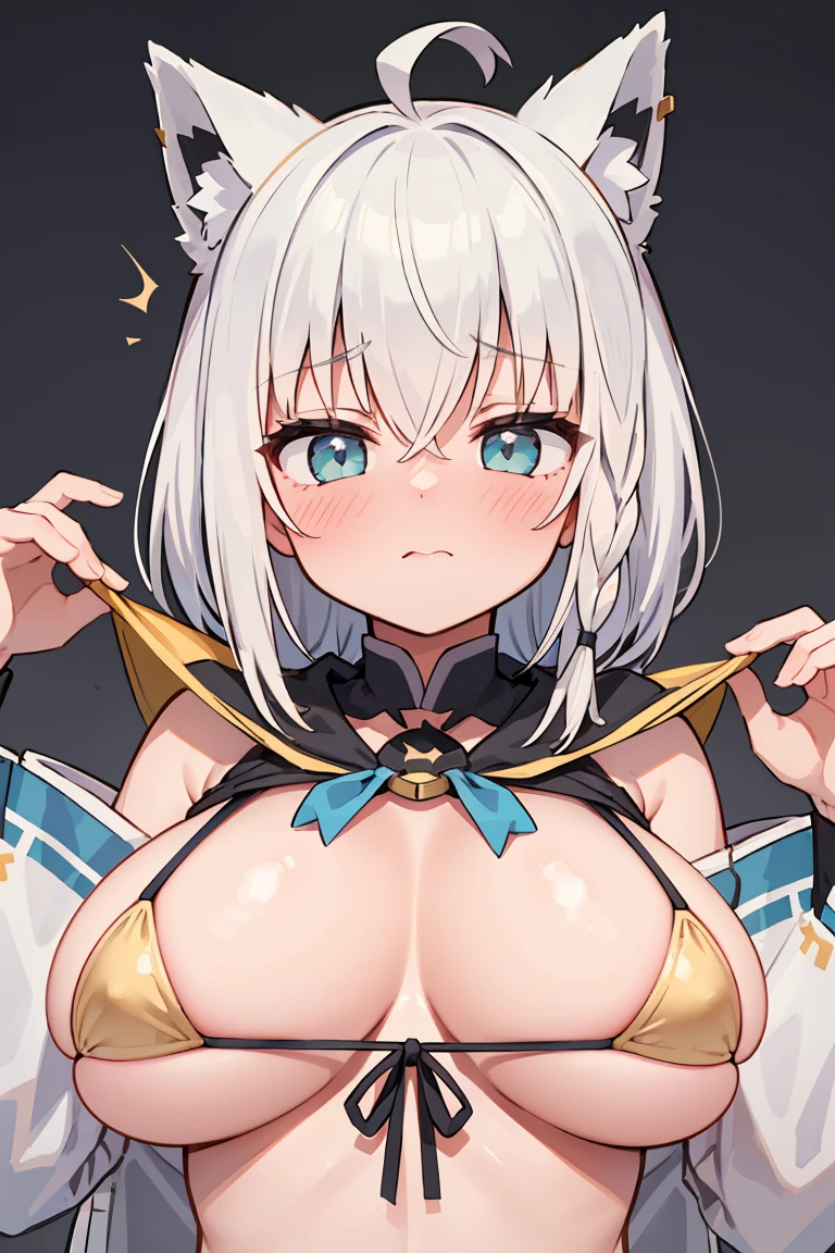 Shirakami Fubuki,1 girl,,Huge breasts,Pointed Chest,Cleavage,Underbust,Side Bust Barbosa,(blush),((Embarrassing)),Spread and masturbate((Golden Little Bikini))round 1(((Lift the chest)))((View from below、View from below))Upper body close-up,(Huge breasts)short hair