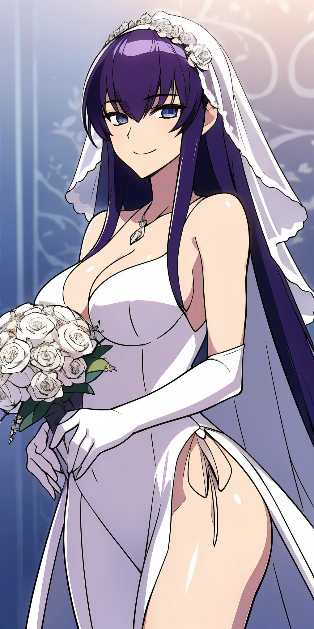 "(optimum,wedding gown,holding flower bouquet,one-girl,chies)tmasterpiece，high qulity，A high resolution，New World No. 1，Headphones around your neck，wedding gown，Bridal veil，whitegloves，Cowboy close-up，standing on your feet，ssmile"