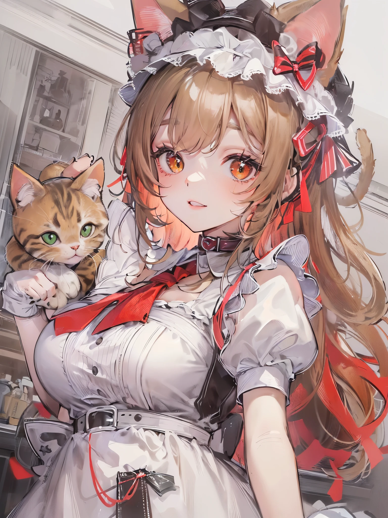 ((highest quality)),(Ultra-high resolution),(Very detailed),(Detailed Description),((The best CG)),(A masterpiece),Ultra-detailed art,Amazing drawing art,(Art with exquisite detail:1.5), (Cat Ear Maid:1.7),(Red belt choker with bells:1.6),(Mini flare skirt:1.3),smile