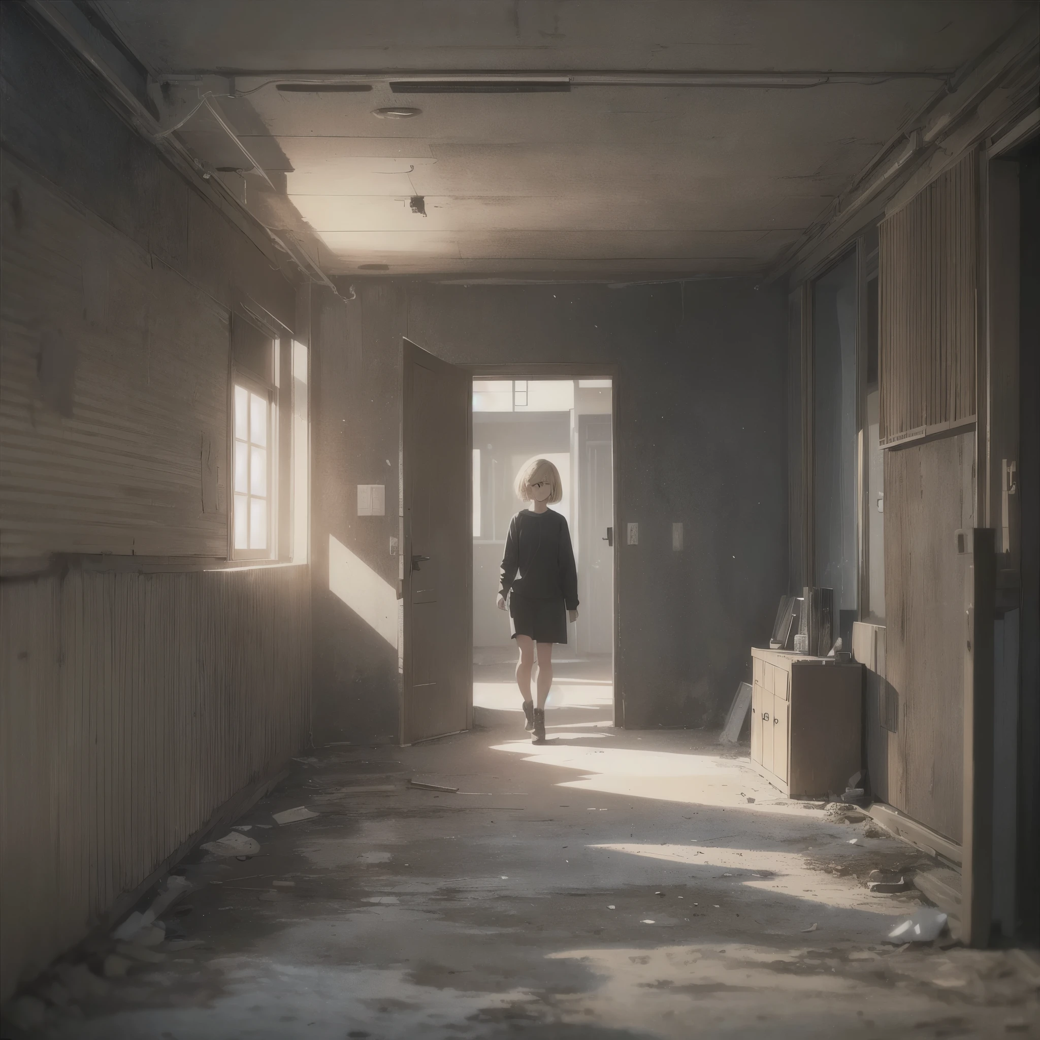 ((20-year-old woman,Blonde short bob hair,She is walking through an empty room)),inside the closed world,Huge kids room,room in underground,A room with children's graffiti,Messy room,Dim electricity,Dimly lit room,Uneasy atmosphere,