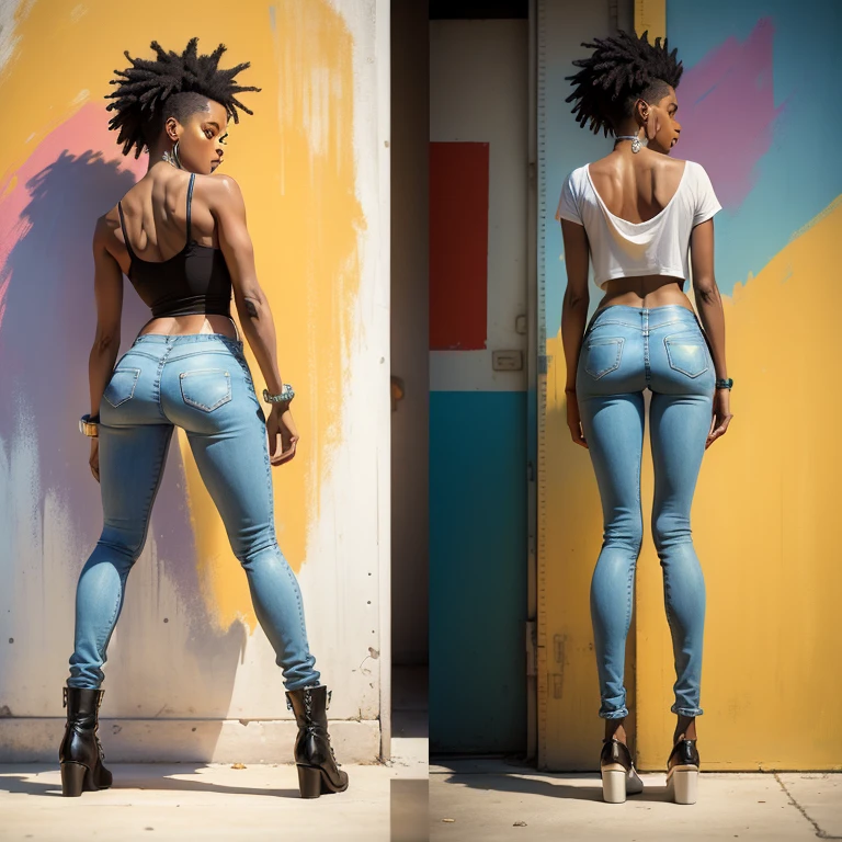 Jean-Michel Basquiat has smooth lines and full of power, spectrum art, lively and cheerful, beautiful girl, full body view, back view, thin jeans