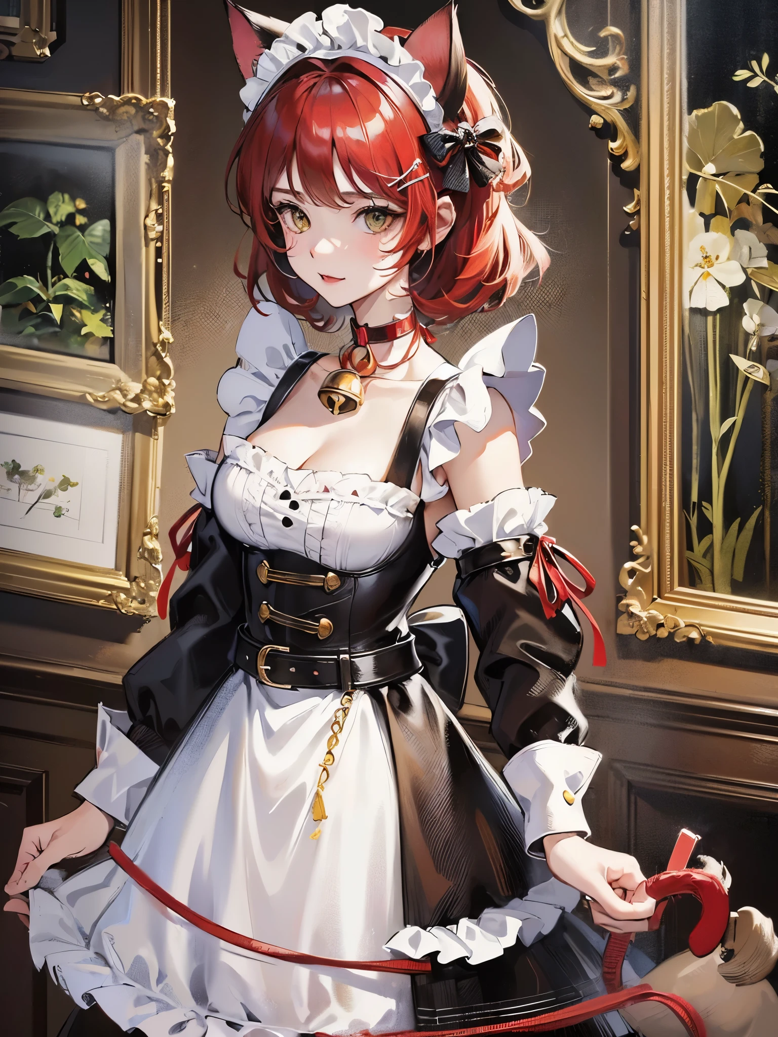 ((highest quality)),(Ultra-high resolution),(Very detailed),(Detailed Description),((The best CG)),(A masterpiece),Ultra-detailed art,Amazing drawing art,(Art with exquisite detail:1.5), (Cat Ear Maid:1.7),(Red belt choker with bells:1.6),(Mini flare skirt:1.3),smile