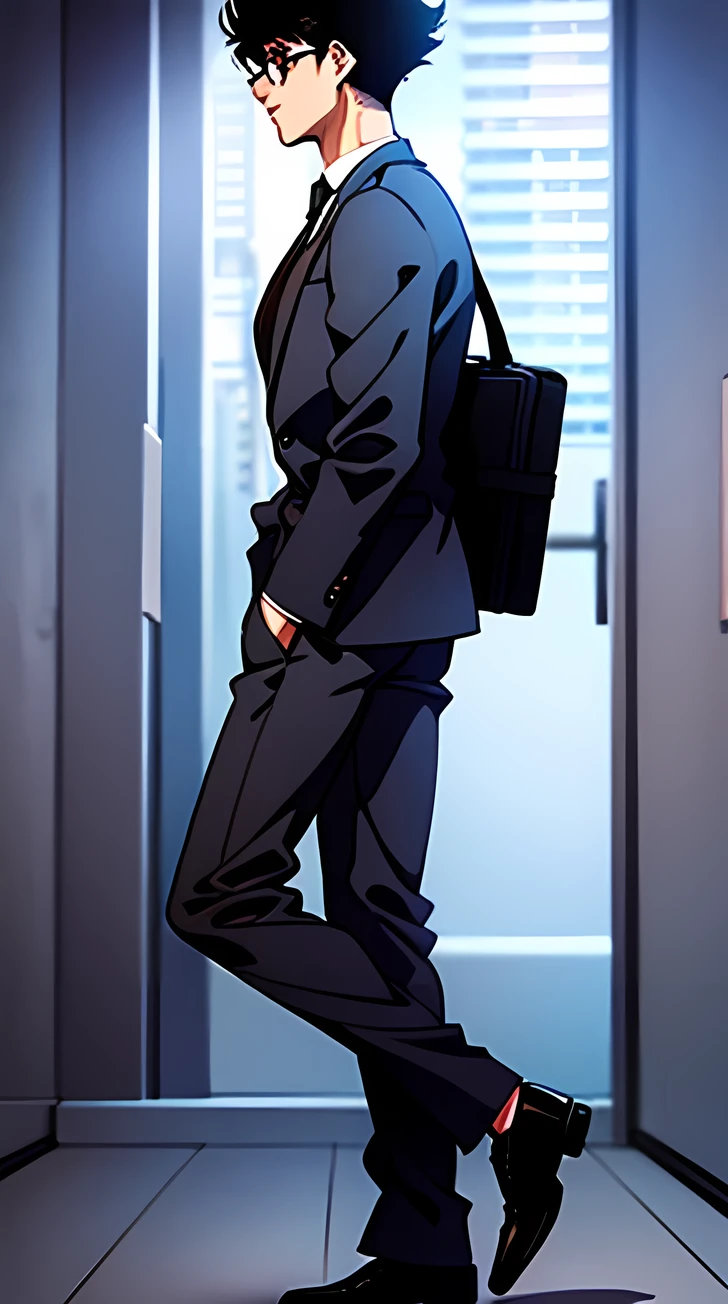A 19 years old guy with round glasses, short hair, messy hair, hair between eyes, black hair, walking, looking ahead, side view, perfil view, grey suit, briefcase in left hand, masterpiece, 1990s style