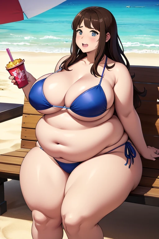 brownhaired, ssbbw ultra fat girl, she stuffing more fastfood, too small bikini, beach