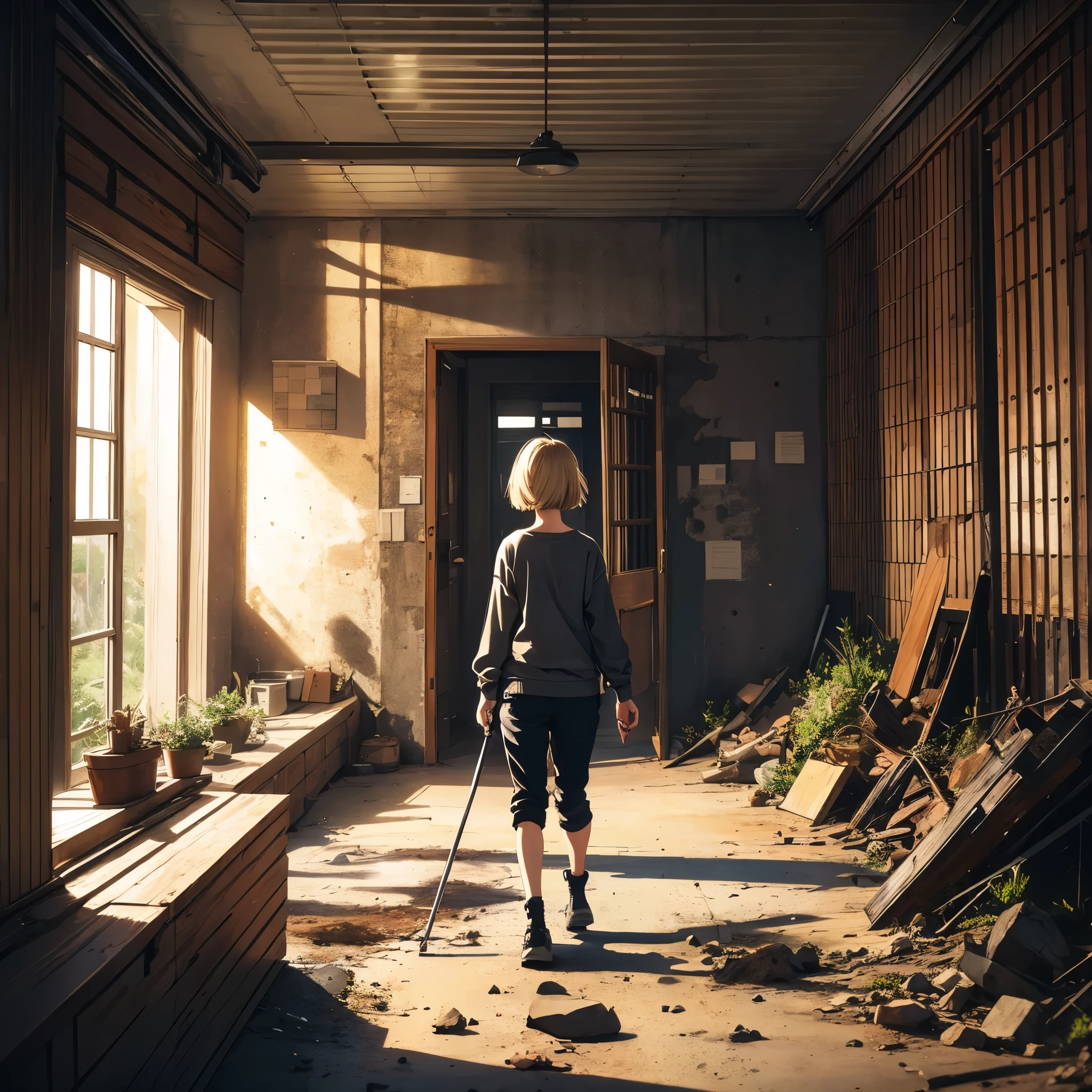 ((20-year-old woman,Blonde short bob hair,She is walking through an empty room)),inside the closed world,Huge kids room,room in underground,A room with children's graffiti,Messy room,Dim electricity,Dimly lit room,Uneasy atmosphere,