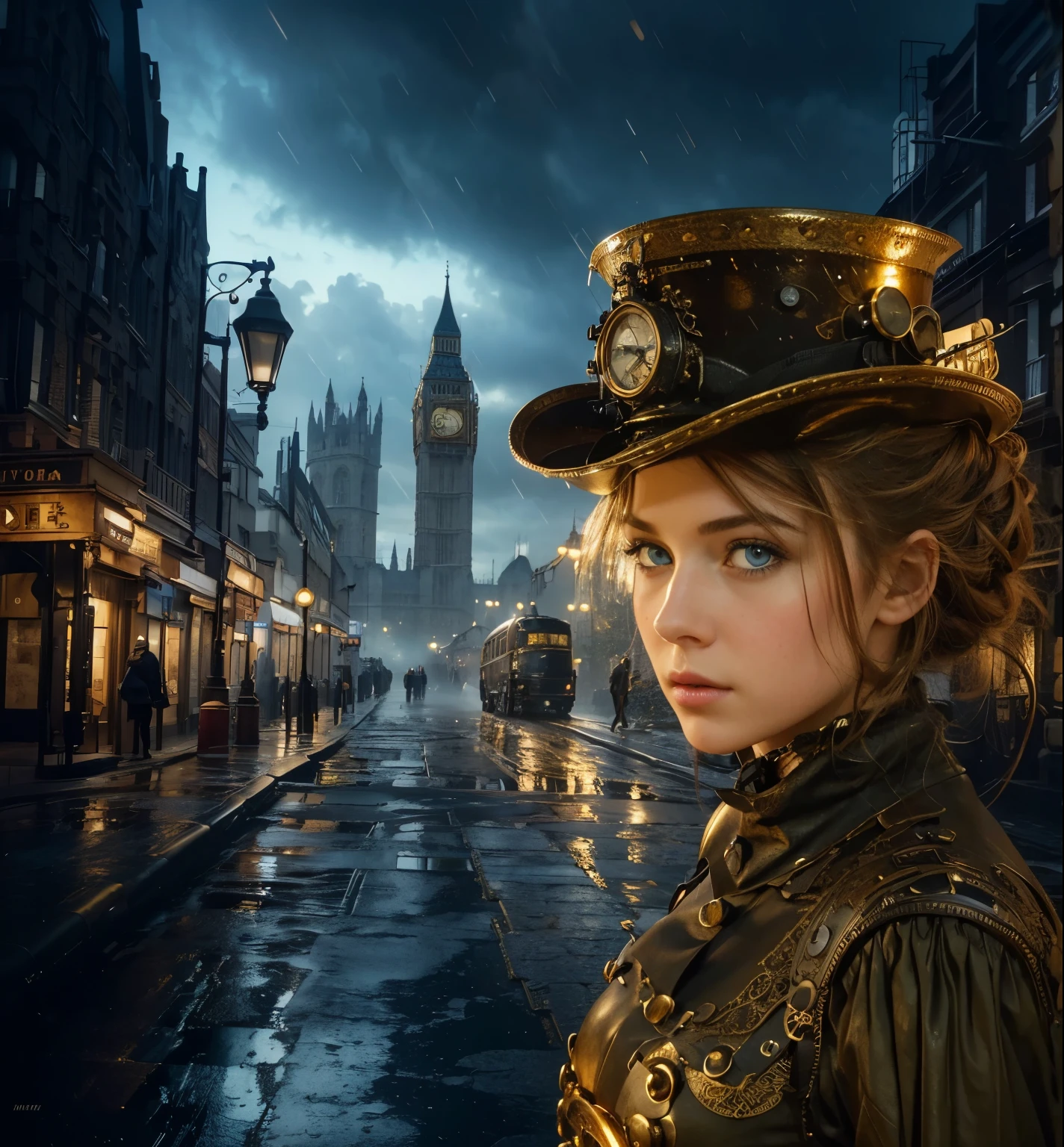 (masterpiece, best quality:1.2), (8k uhd, 16k, 32k, ultra high res), (photorealistic:1.37), (RAW photo), ultimate-realistic, ultimate-realistic details, ultimate-realistic texture, ultimate-intricate details, ultimate-realistic lighting, ultimate-realistic shadow, american steampunk girl, ultimate-cute face, ultimate-RAW skin, ultimate-realistic blue eyes, girl in steampunk suit,  very cute face, mechanical, extremely intricate details, full body shot, ultimate photorealistic, clear stream, Steampunk wet and foggy London street