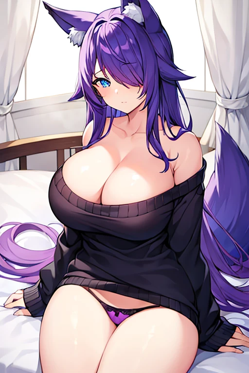 1girl, purple hair, one eye covered, hair over one eye, blue eyes, blue eye, black sweater, sweater, cleavage, large breasts, thick thighs, bed, sittting, waking up, sleepy, fox ears, fox tail, purple trim, panties