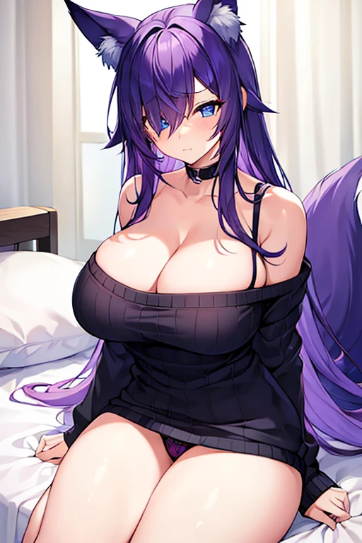 1girl, purple hair, one eye covered, hair over one eye, blue eyes, blue eye, black sweater, sweater, large breasts, thick thighs, bed, sittting, waking up, sleepy, fox ears, fox tail, purple trim, panties