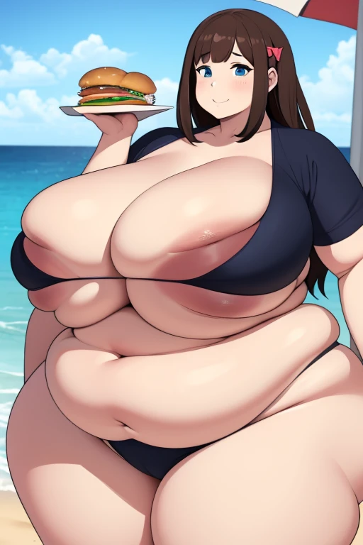 brownhaired, ssbbw ultra fat girl, she stuffing more fastfood, too tight bikini, beach