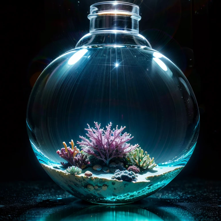 masterpiece, highest quality, Raw photo, The underwater world in a glass vessel, Fantasy, charm, Quietness, Lonely, A strong light illuminating the ocean floor, reflection, diffusion, GLOW, 