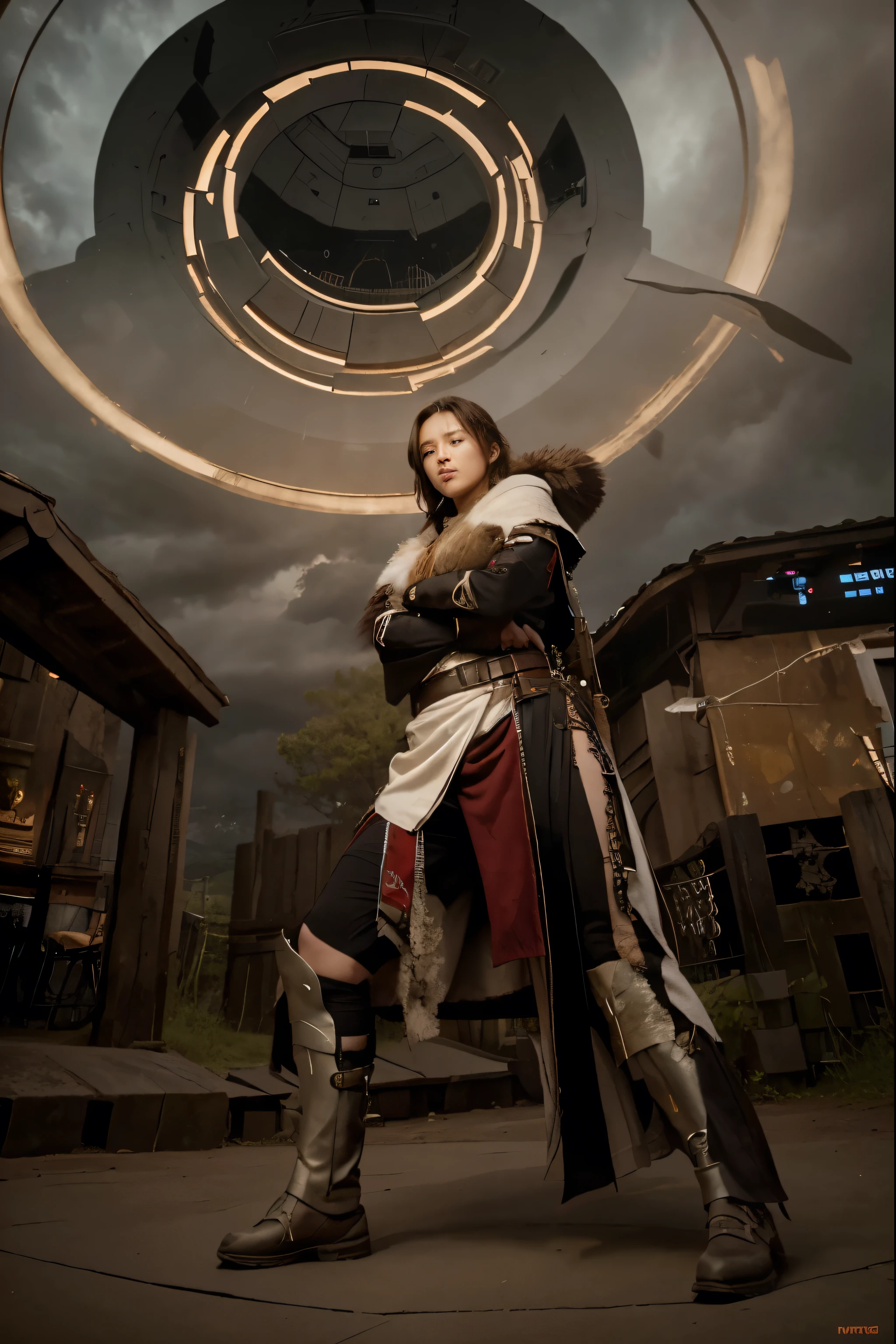 (Best quality, 8k, 32k, Masterpiece, UHD:1.2) "Transform the setting of the image into the 'Jeju Island Gate' from Solo Leveling. Show a towering gate surrounded by rugged terrain and ominous clouds overhead. Portray hunters gearing up for battle, their expressions determined as they prepare to confront the dangerous monsters lurking beyond the gate. Capture the tension and anticipation of the impending encounter, with hints of magic and mystery in the air."