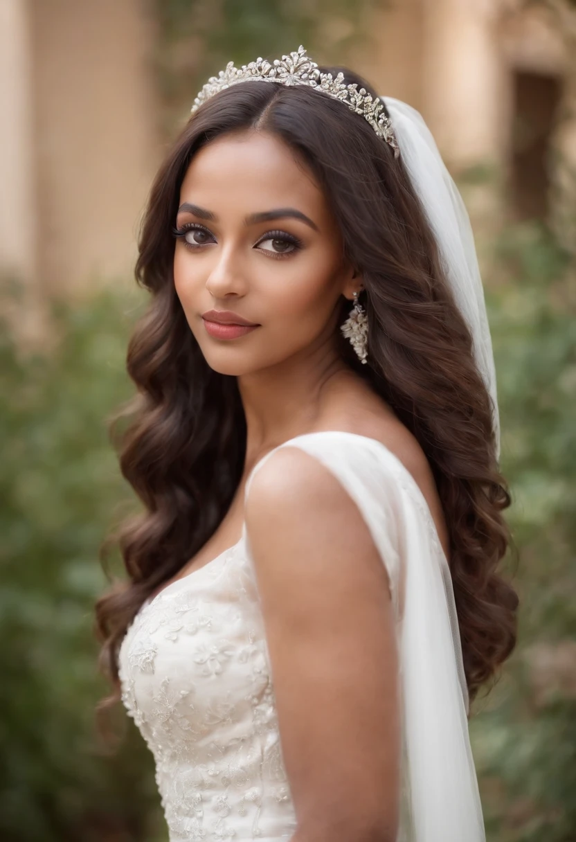 A beautiful exotic Ethiopian sexy bride girl with really straight nose, brown glowing skin, really really long full curly hair, long lashes, mesmerizing green big eyes, fuller lips, perfect teeth, wearing a gorgeous white weddig dress, super curvy, hourglass figure, full body shows,