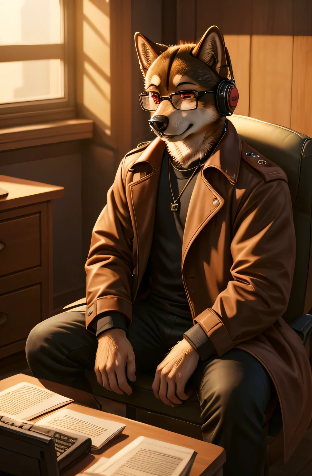 Furry，Male black Shiba Inu，Black fur，Blood red eyes，Wearing single-rimmed glasses，Artist，Wearing a trench coat，Put on your headphones，Sitting in a room，Natural light，Detailed Background