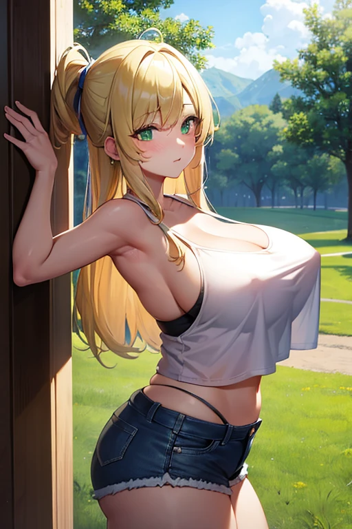 from side, (gigantic breasts:1), cap, green eyes, rural town, blonde hair, shiny skin, :3, sun rays, white camisole, short shorts, wide hips, parted bangs, camisole overhang