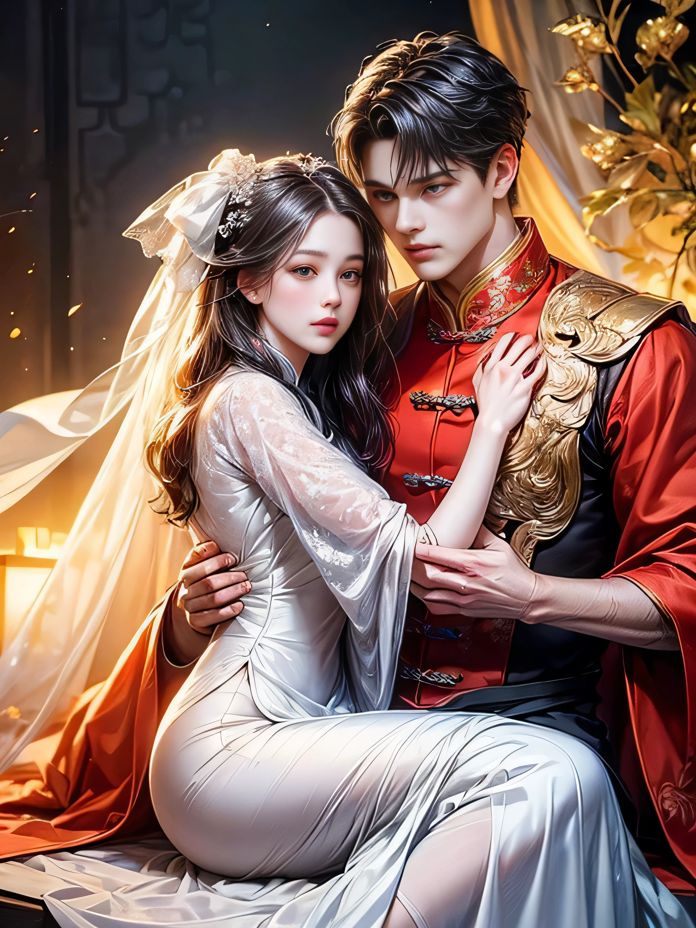 arafed image of a couple of man and woman hugging each other in Peach Garden, in wedding clothes, Peach Garden detailed background, xianxia fantasy, jingna zhang, game cg, wuxia, inspired by Chen Yifei, xianxia, xianxia hero, 2.5 d cgi anime fantasy artwork, heise jinyao, chinese fantasy, beautiful render of tang dynasty, heise-lian yan fang, 8k character details, high quality anime art, high quality illustration, detailed anime wallpapers, detailed anime art, hyper-realistic, elegant, high quality realistic anime art, (intricate and beautiful decoration [Dense detail]), ((Precisely drawn eyes))[Perfect eyes detailed((Beautiful eyes like jewels)Iris drawn in precise detail)[clearly drawn pupils]],[eyes light[Pinpoint lighting for the eyes]],[long and beautiful eyelashes],[precisely drawn hair [Beautiful and lustrous hair detailed]], (Perfectly hand detailed [Beautiful fingers with no damage [beautiful nails]]),(perfect anatomy(perfectly balanced proportions))[[full body portrait]],[ideal color coordination(Accurate simulation of light and material interactions)],([Precision Detail](detailed,高fine)),[Visual art that tells a story],((highest quality)fine[[High density drawing]])(4K Quality)