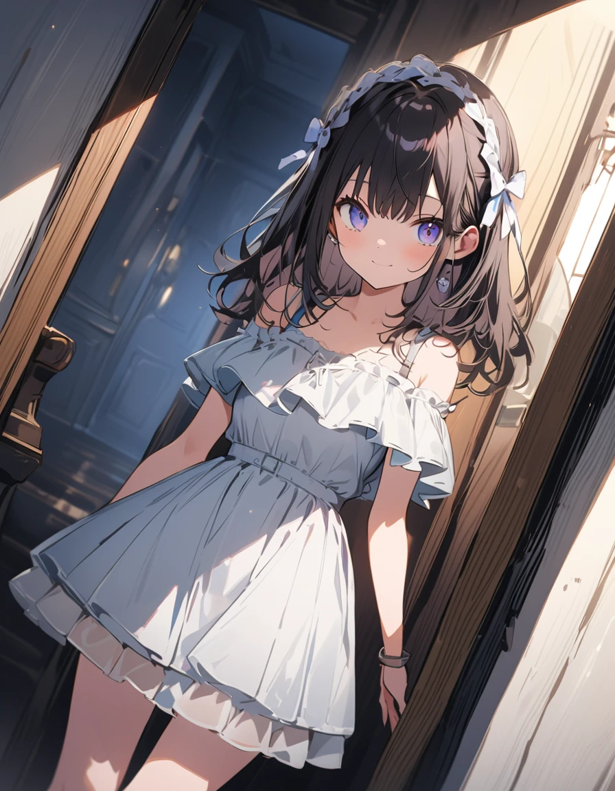 Himari Mei, masterpiece, , cute, flat chest, {{{nsfw}}}, black short dress, detailed sparkling and brilliant purple eyes, head tilt, in castle style bedroom, cute and shy smile, {{spread legs wide}}, clearly showing off black panties, thighhigh sox, hold legs up, short skirt, skirt lift