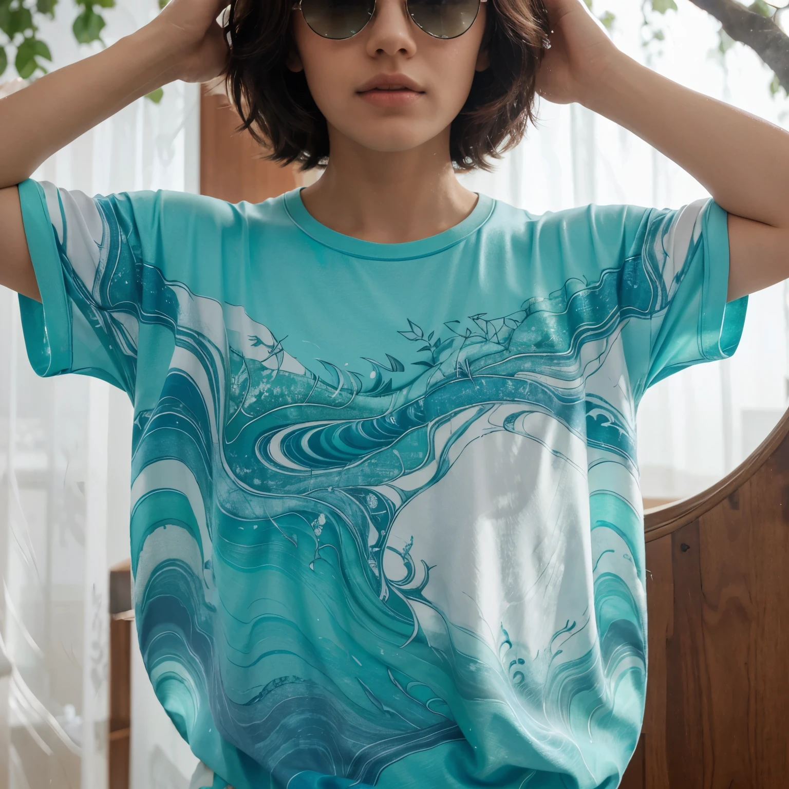 Camiseta: Made from a lightweight, breathable fabric, the t-shirt will have a design that resembles the movement of sea waves, with shades of blue and green in gradient. Subtle details of leaf and branch prints can be incorporated to evoke the fresh feeling of nature.