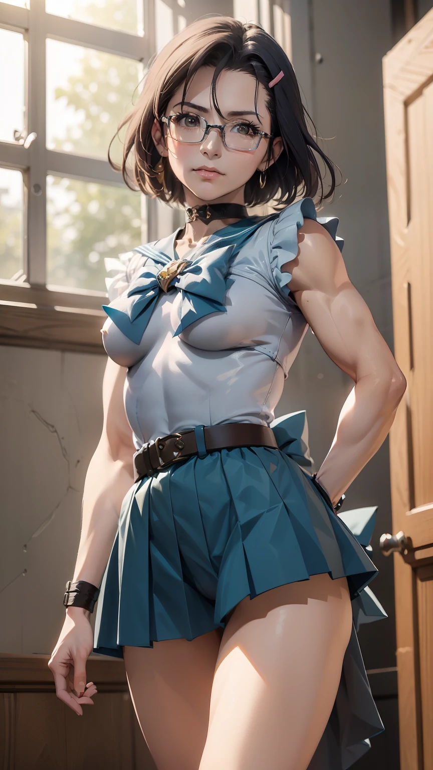 (masterpiece, best quality:1.2),(photoreal),perfect anatomy,solo, horizontal angle,1 middle woman, ((Niimi Kaoru)),(looking at viewer),((small breasts:1.4)),((saggy breasts:1.2)),((muscular:1.3)),((do not hide your crotch)),((do not show your skin)),(cod lips),holding head high,((standing)),hairclip, glasses,((Sailor Jupiter)),belt,sharp focus,cowboy shot