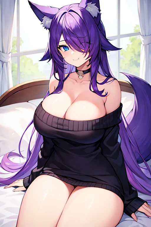 1girl, purple hair, one eye covered, hair over one eye, blue eyes, blue eye, black sweater, sweater, large breasts, thick thighs, bed, sittting, waking up, sleepy, fox ears, fox tail, purple trim, smile