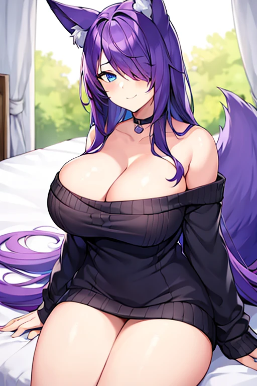1girl, purple hair, one eye covered, hair over one eye, blue eyes, blue eye, black sweater, sweater, cleavage, large breasts, thick thighs, bed, sittting, waking up, sleepy, fox ears, fox tail, purple trim, smile