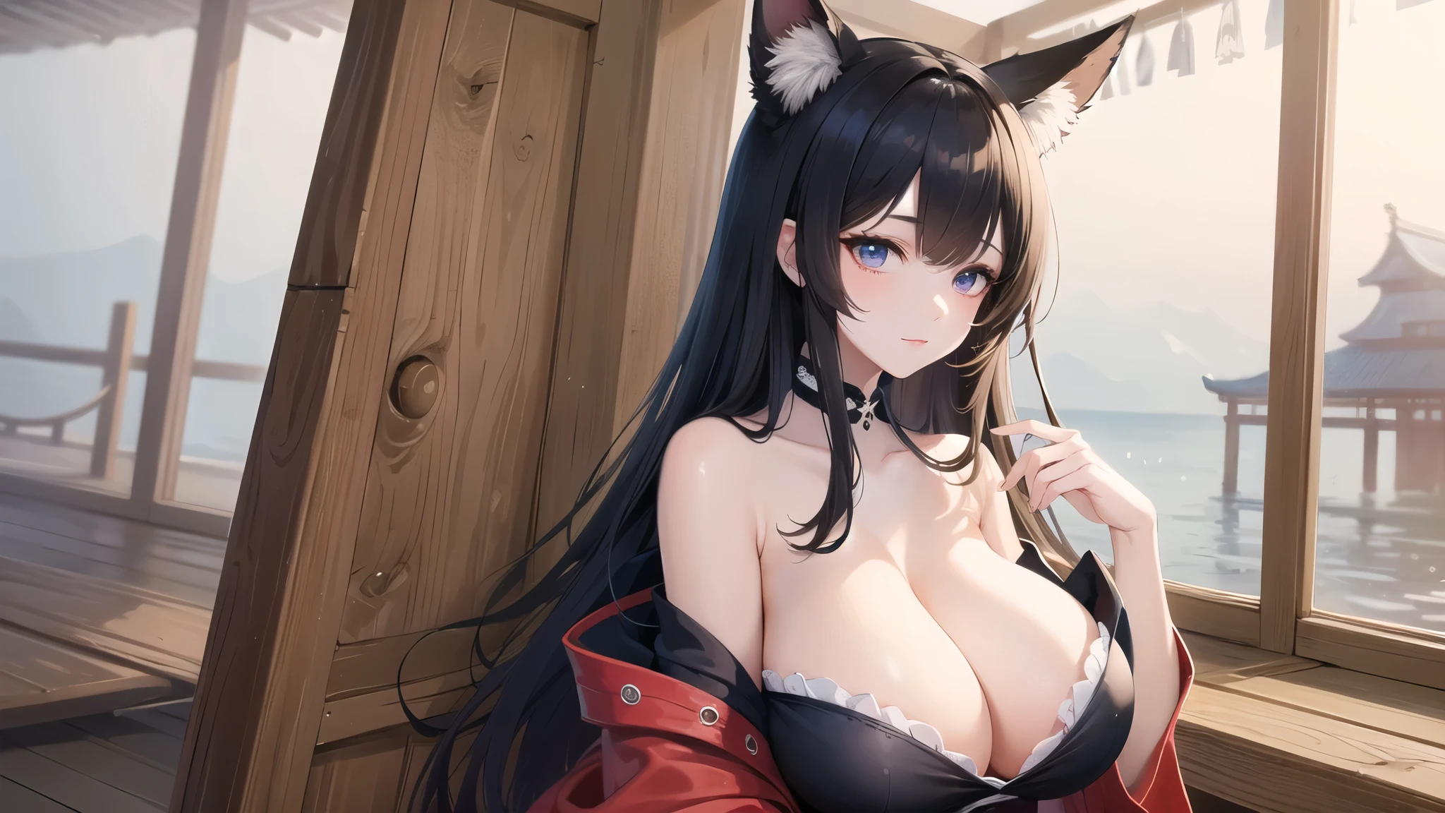 (((masterpiece, best quality))), (((superior quality))), cute girl, ((extremely detailed girl)), ((huge breasts)), fox ear, shrine maiden, (bare shoulders), strapless top