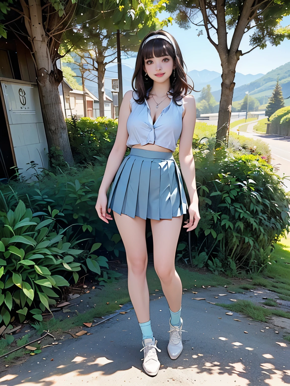 ((((highest quality))))、(((Ultra-precision CG16K wallpaper)))、(((masterpiece)))、(((Super detailed)))、(((Extreme detail)))、((1Mature 29 year old woman:1.6))、((Very beautiful Japanese faces))、((Yua Mikami:1.5))、((Straight medium hair、blunt bangs:1.5))、(Shiny brown hair)、Beautiful delicate brown eyes、eyeliner、eye shadow、High nose、Small nostrils、Small Mouth、Seductive lips、Beautiful breasts、((C cup size breasts))、Cleavage、Voluptuous body、eight-headed body、Perfect proportions、Perfect Anatomy、Perfect composition、Beautiful detailed shading、Beautiful, natural lighting、Beautiful detail glow、Depth of written boundary、(((High chroma)))、(((Real:1.9)))、((vivid:1.5))、((Beautiful Skin))、((Skin Texture))、((Realな皮膚感))、(((Full Body Shot:1.6)))、((Front view、shoot from front、Front low angle:1.6))、(((smile:1.7)))、((The woman is looking at this、looking at viewer、Facing forward:1.6))、Bright daylight、Natural light、(((Mountain、Forest road、Trees:1.5)))、(Walking pose:1.6)、(((White sleeveless collared cropped shirt、Light blue pleated mini skirt:1.6)))、((hair band、Earrings、Wearing a necklace:1.4))、(((Ankle socks、Wearing pumps:1.6)))、