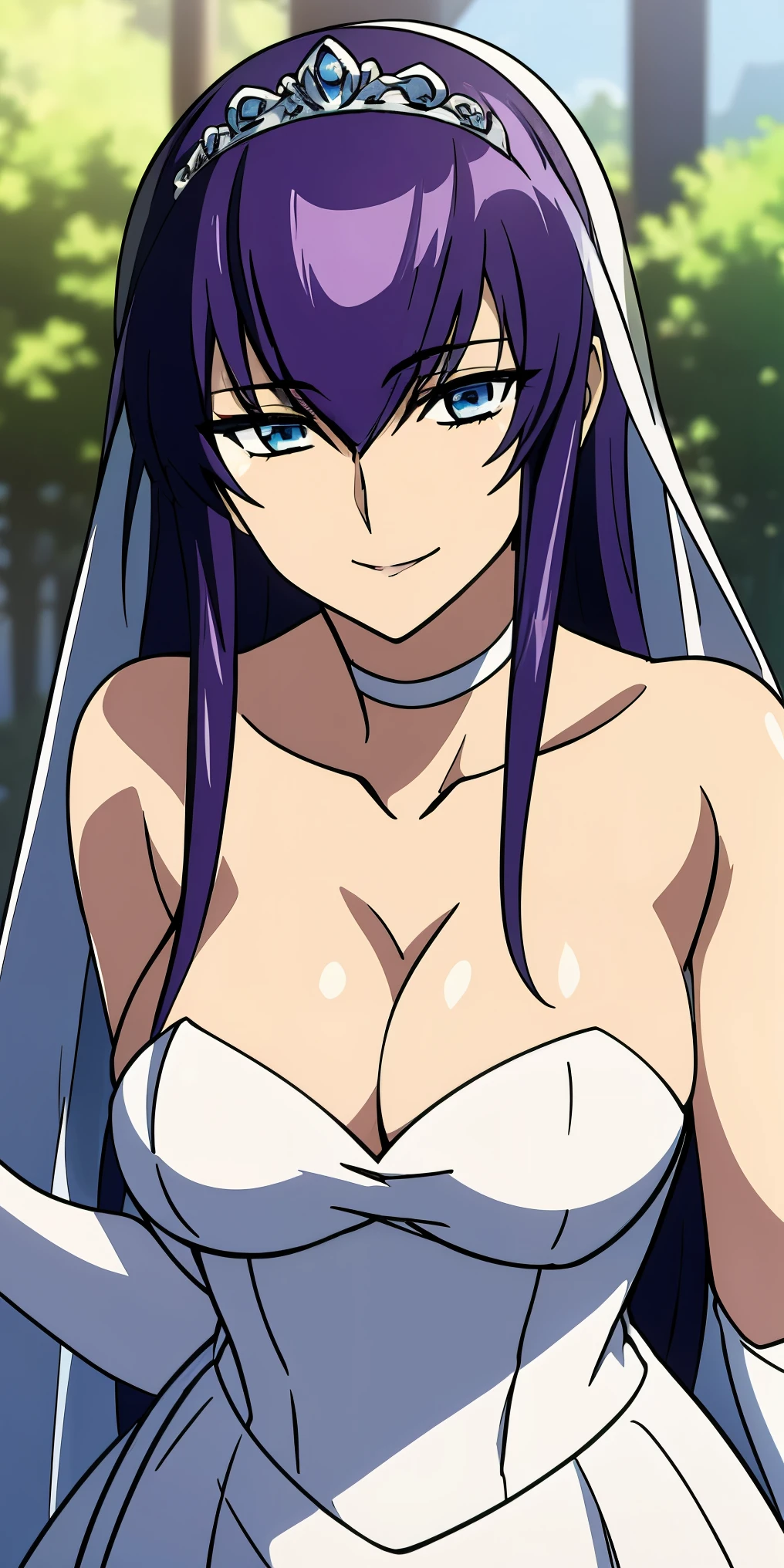 1girl, solo,Saeko Busujima, (blue eyes:1.5), purple hair, long hair, bangs, blunt bangs ,earrings, collar ,lipstick, eye shadow, solo, eye shadow, makeup, hair between eyes, ahoge, hair ornament, gloves, dress, cleavage, bare shoulders, collarbone, white oprea gloves, white gloves, white dress, strapless, white choker, tiara, veil, strapless dress, wedding dress, bridal veil, beautiful woman, perfect body, perfect breasts, wearing a wedding dress, ball gown, in the park trees, wedding decorations, looking at the viewer, smile, realism, masterpiece, textured skin, super detail, high detail, high quality, best quality, 1080p,