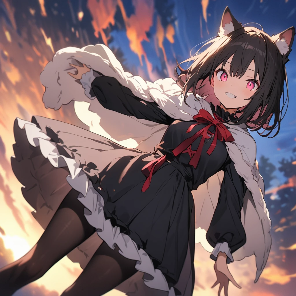 masterpiece, highest quality, 非常にdetailedな, figure, One girl, Long black hair, eyes bright red, Wolf Ears, Black Cape, Fluffy collar, sunset、(highest quality、masterpiece、High resolution、detailed)、animeスタイル、Flat Style、(Shining Eyes、detailed美しい顔), BREAK、extremely detailed、High saturation,Dynamic Angle、anime、Little