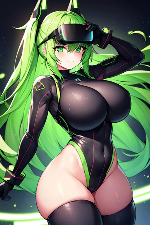 1girl, green hair, vr visors, visors, head-mounted display, covered eyes, bodysuit, black bodysuit, science-fiction, machinery, futuristic, tech, neon, neon trim, large breasts, thick thighs, swaying hips, hip sway, sway, arms behind back, arms up, smile,