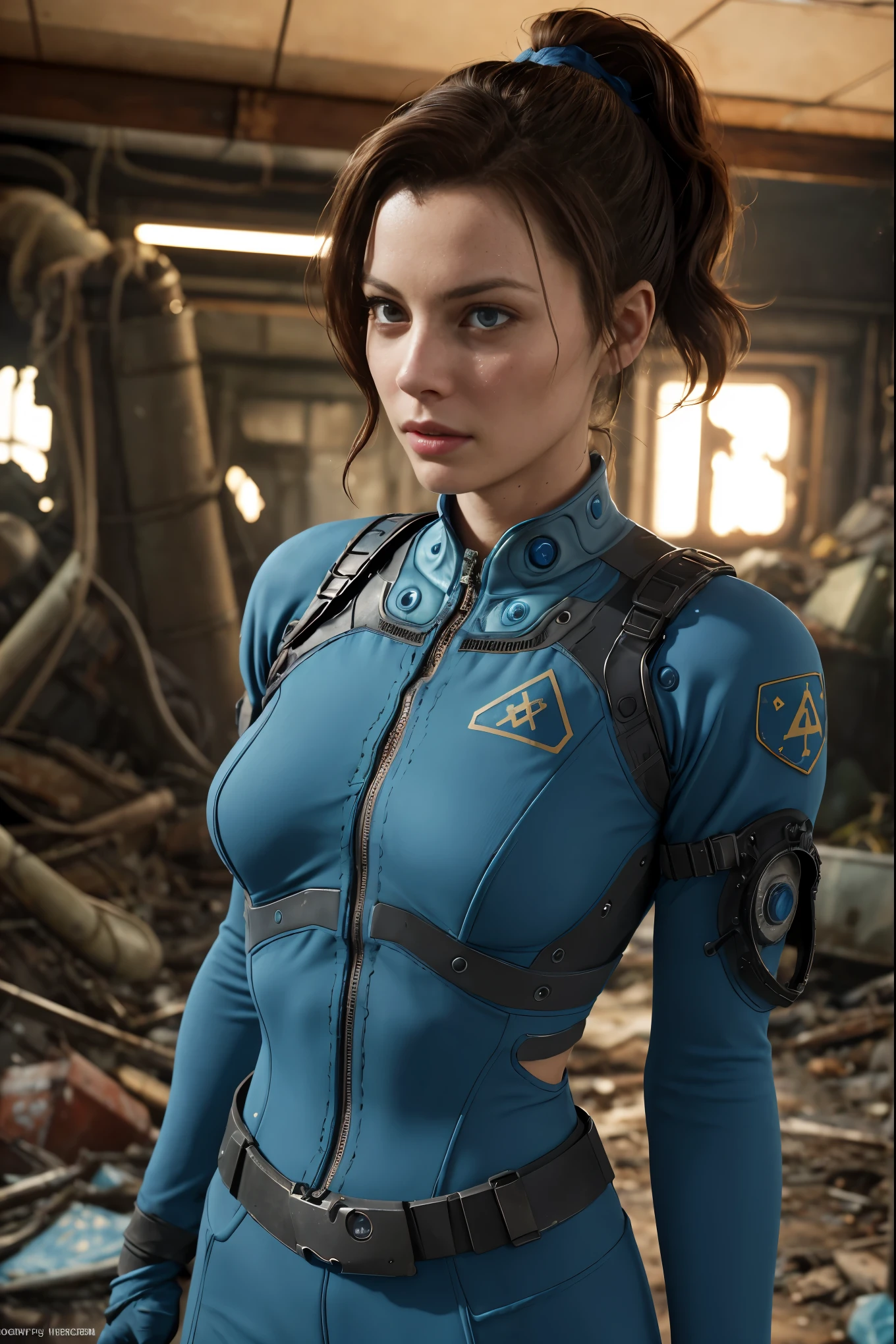 A cute and nerdy woman, (Grace Kelly:Gillian Jacobs:0.5), black wavy hair tied in a ponytail, (wearing a revealing high detail blue Fallout 4 vault suit with cut-outs), high detail face, high detail skin, seductive expression, perfect body, perfect proportions, a nuclear wasteland background with scattered ruins, high quality, masterpiece, realistic photo, intricately detailed, 8k, HDR, shallow depth of field, wide light, high contrast, backlight, sharp focus, RAW color photo, looking at the camera, cool colors, dynamic poses, in the style of Fallout 4