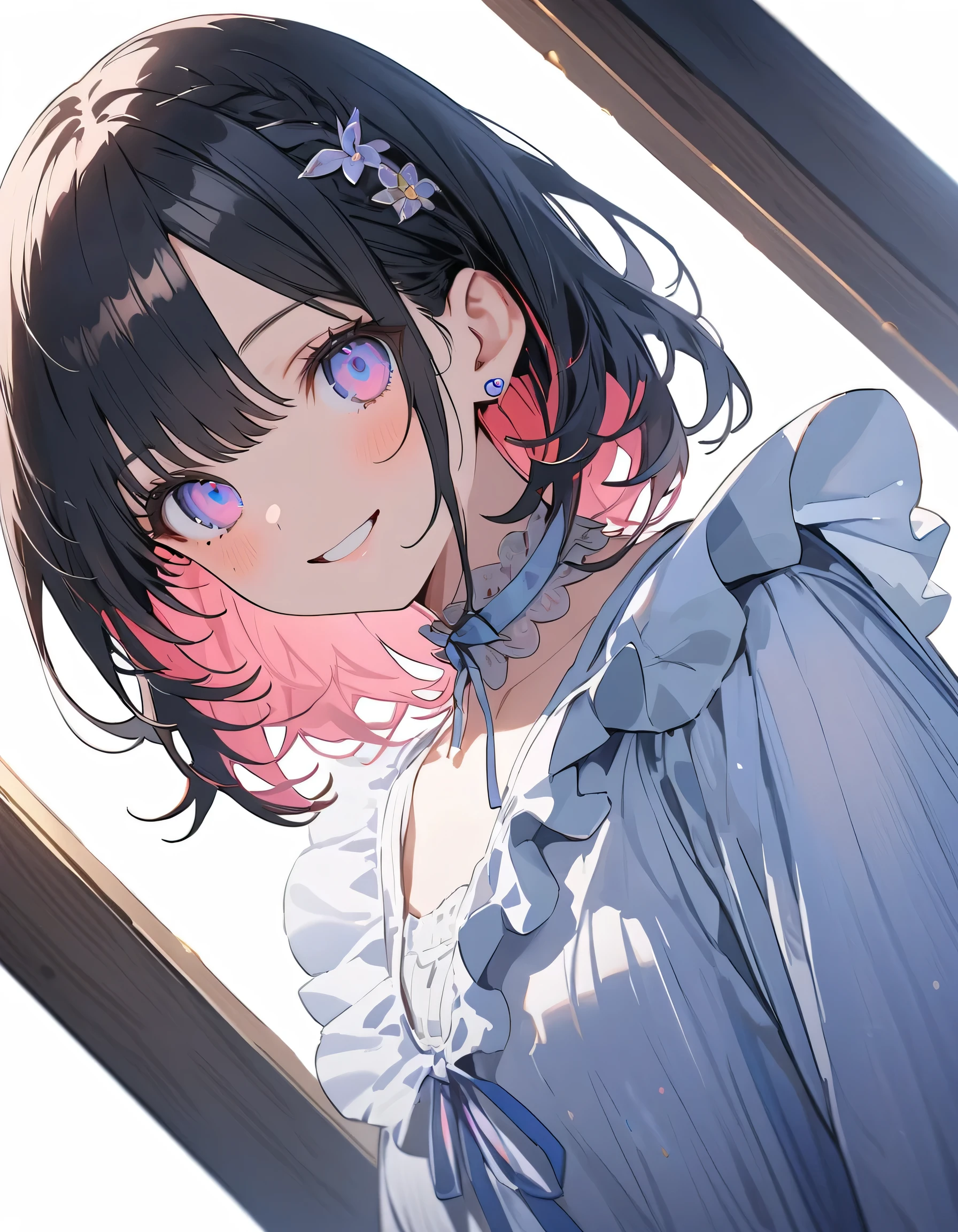 masterpiece, highest quality, Very detailed, figure, One girl, Smile lightly、Wink、There is a small mole under the eye、Charm Points、The theme is avant-garde future fashion、Frills、steampunk、Off the shoulder、modernism、Impressionism、Full Body、Simple white background、(highest quality、masterpiece、High resolution、detailed)、anime style、Flat Style、(eyes shining iridescent colors illuminated light, Delicate and beautiful face, ), BREAK、extremely detailed、High saturation,(The Shining), Best lighting, Best Shadow、Surrealism, Dynamic Angle、anime
