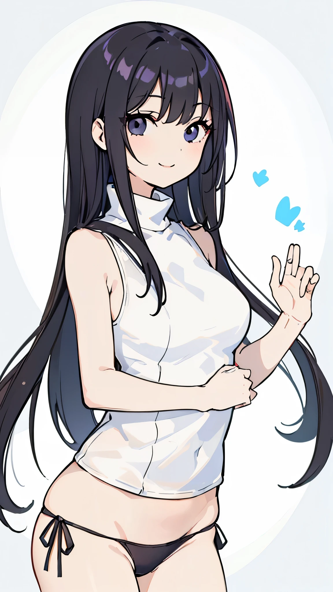 ((masterpiece、highest quality、Super detailed))、One girl、Black Hair、Long Hair、Grey Eyes、smile、Moderate breasts、((white sleeveless turtleneck))、((black panties))、Cowboy Shot、(Simple Background:0.3), (Round eyes:0.7)